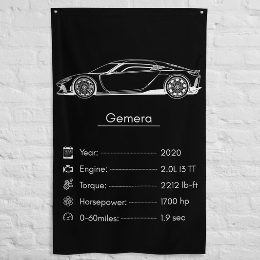 Koenigsegg Gemera 2020 car silhouette spec flag - White Brick Wall