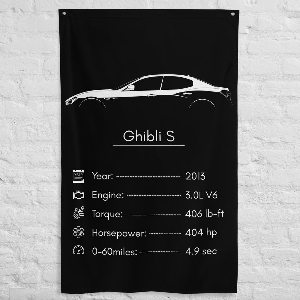 Maserati Ghibli S 2013 car silhouette spec flag - White Brick Wall