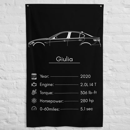 Alfa Romeo Giulia 2020 car silhouette spec flag - White Brick Wall
