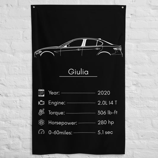 Alfa Romeo Giulia 2020 car silhouette spec flag - White Brick Wall