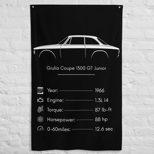 Alfa Romeo Giulia Coupe 1300 GT Junior 1966 car silhouette spec flag - White Brick Wall