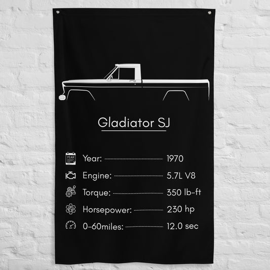 Jeep Gladiator SJ 1970 car silhouette spec flag - White Brick Wall