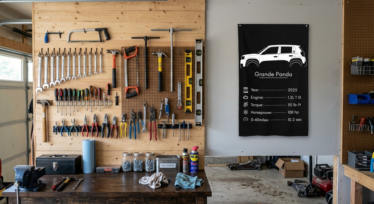 Fiat Grande Panda 2025 car silhouette spec flag - Garage Pegboard Wall