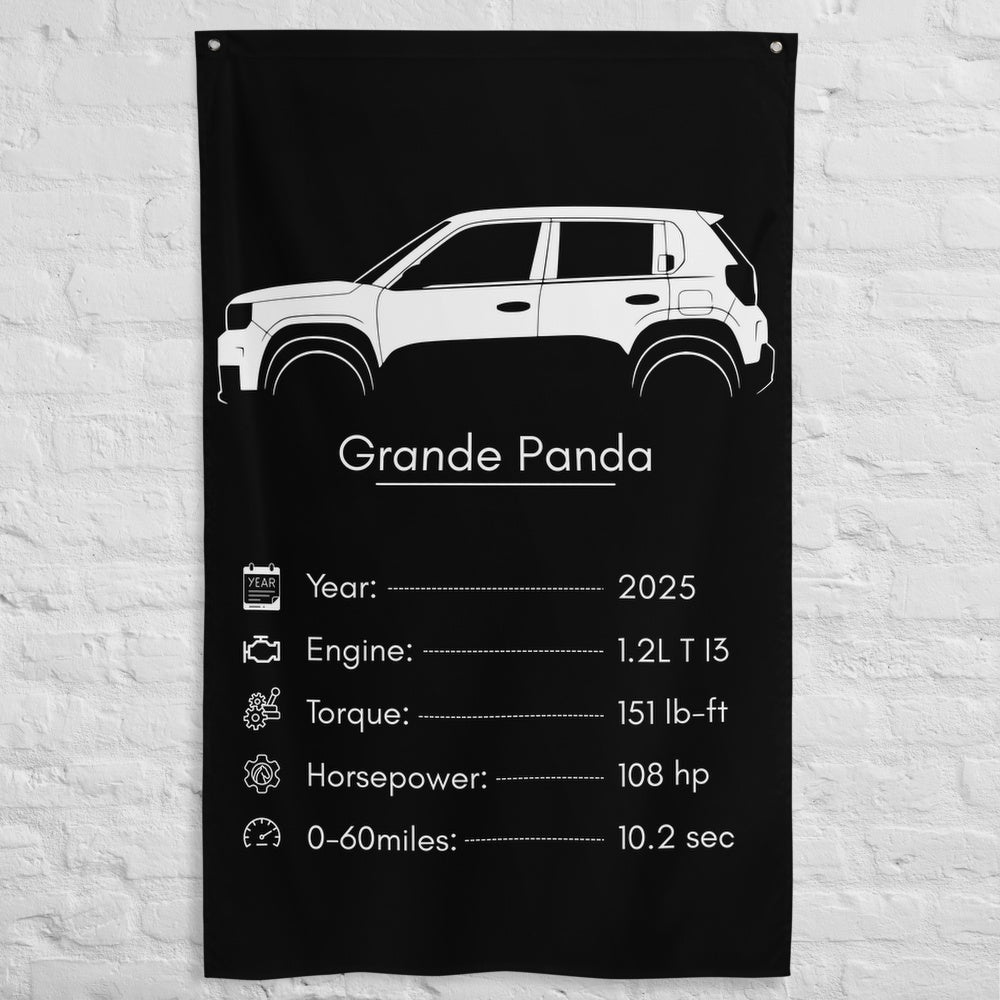 Fiat Grande Panda 2025 car silhouette spec flag - White Brick Wall