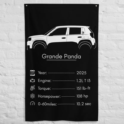 Fiat Grande Panda 2025 car silhouette spec flag - White Brick Wall