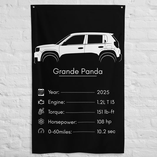 Fiat Grande Panda 2025 car silhouette spec flag - White Brick Wall