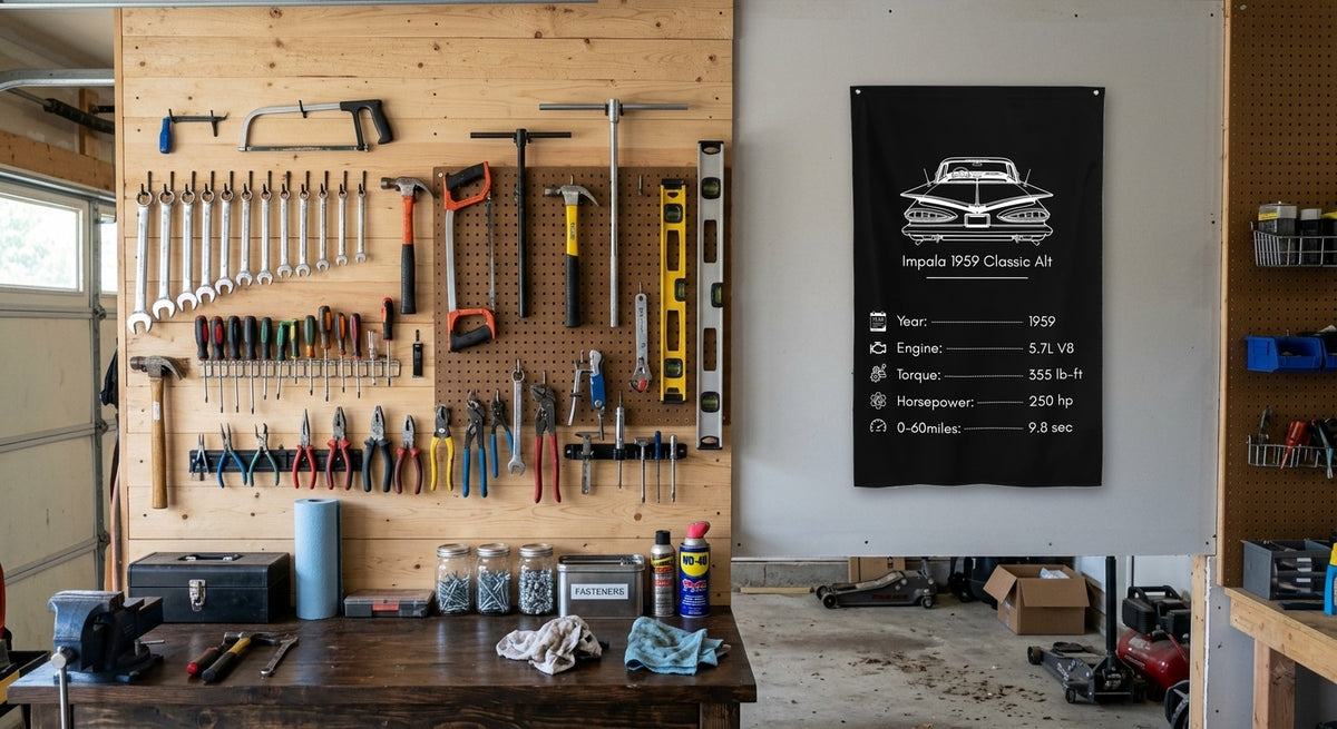 Chevrolet Impala 1959 Classic 1959 (Design 2) car silhouette spec flag - Garage Pegboard Wall