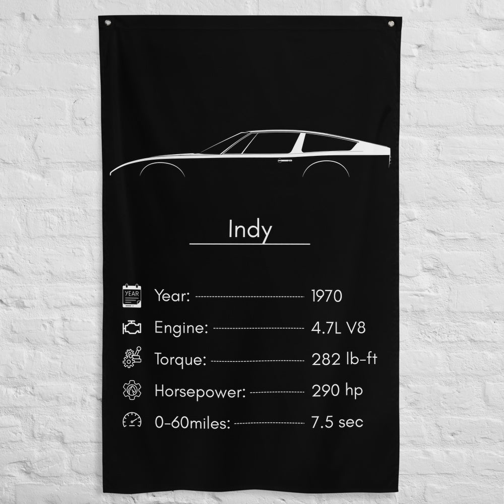 Maserati Indy 1970 car silhouette spec flag - White Brick Wall