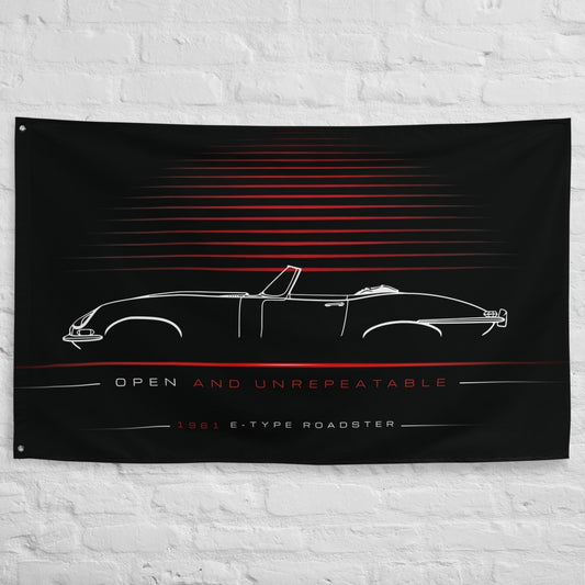 Jaguar E-Type Roadster 1961 car silhouette flag - White Brick Wall