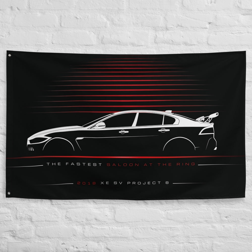 Jaguar XE SV Project 8 2018 car silhouette flag - White Brick Wall