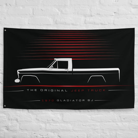 Jeep Gladiator SJ 1970 car silhouette flag - White Brick Wall