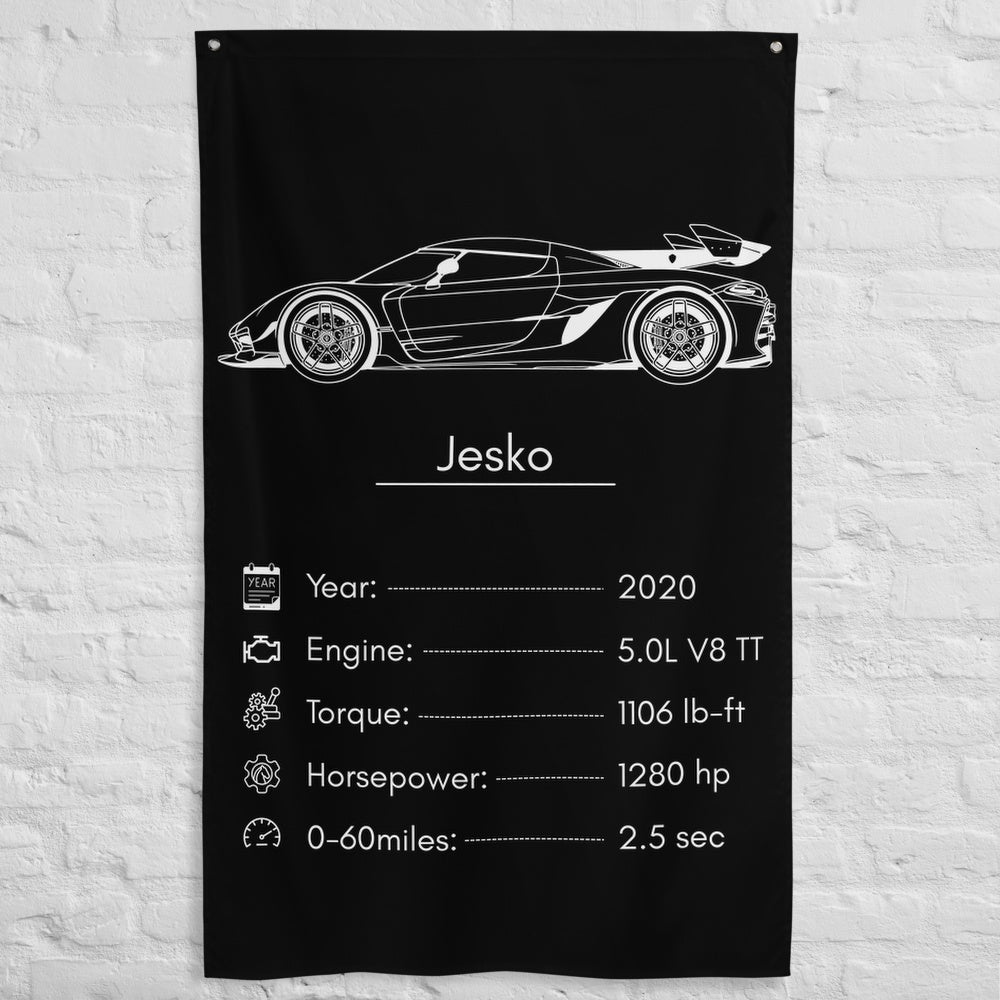 Koenigsegg Jesko 2020 car silhouette spec flag - White Brick Wall