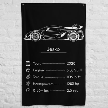 Koenigsegg Jesko 2020 car silhouette spec flag - White Brick Wall