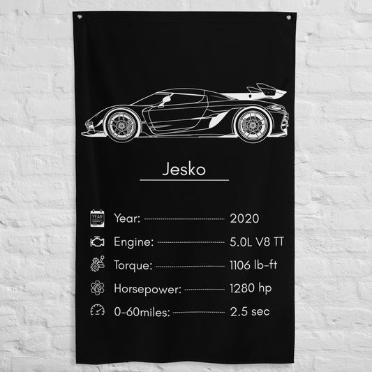 Koenigsegg Jesko 2020 car silhouette spec flag - White Brick Wall