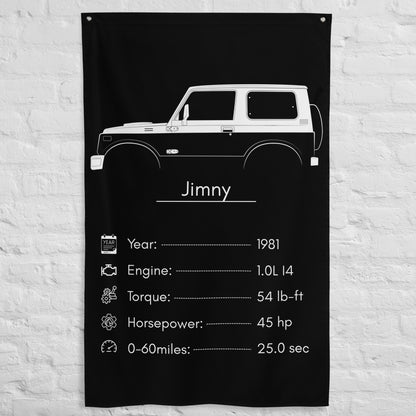 Suzuki Jimny 1981 car silhouette spec flag - White Brick Wall