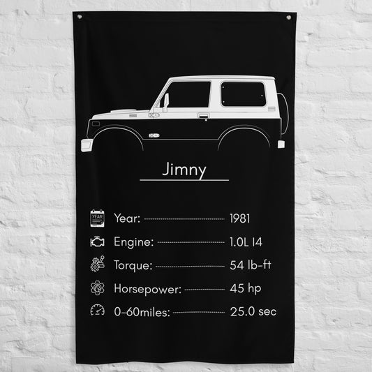 Suzuki Jimny 1981 car silhouette spec flag - White Brick Wall