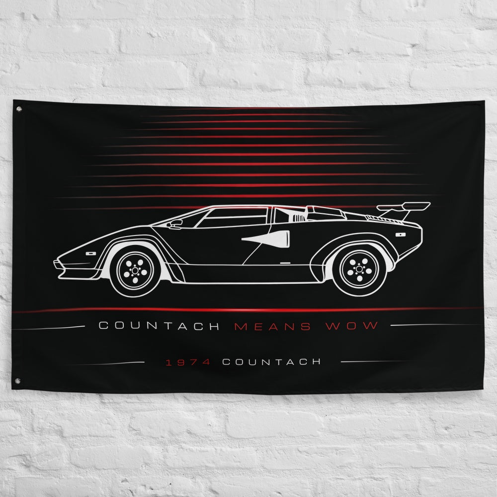 Lamborghini Countach 1974 car silhouette flag - White Brick Wall