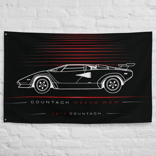 Lamborghini Countach 1974 car silhouette flag - White Brick Wall
