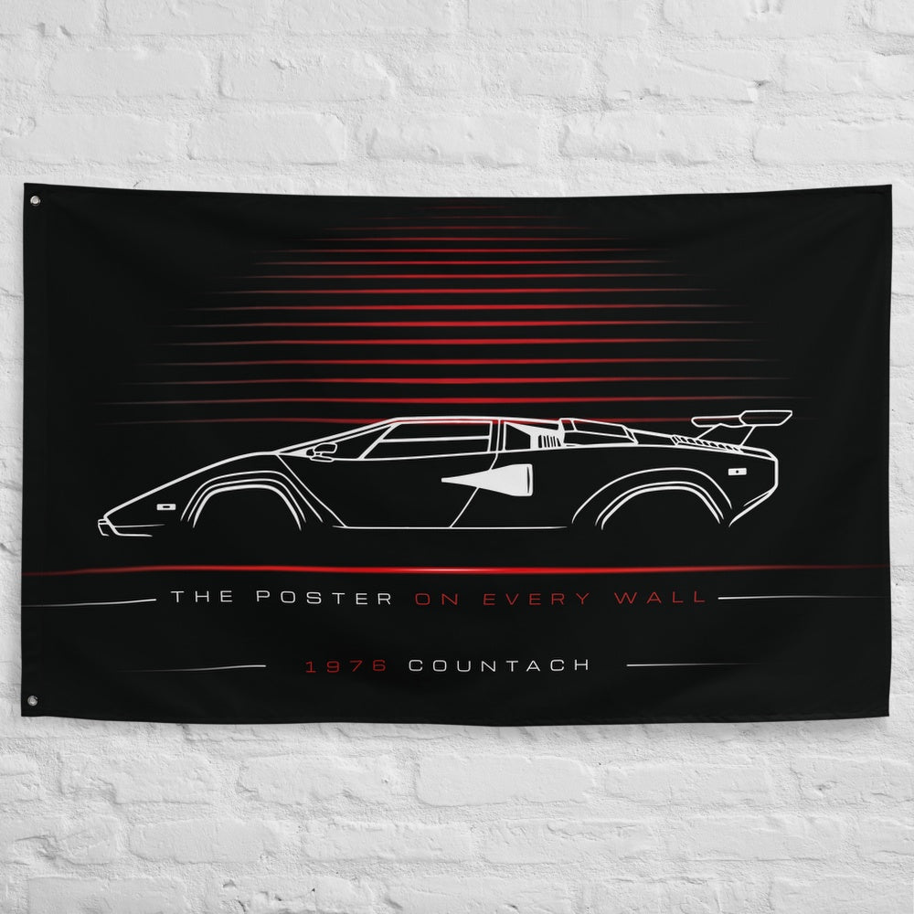 Lamborghini Countach 1976 car silhouette flag - White Brick Wall