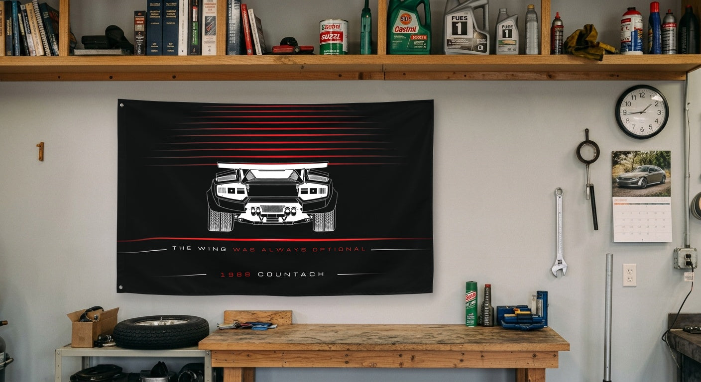Lamborghini Countach 1988 car silhouette flag - Garage Workbench