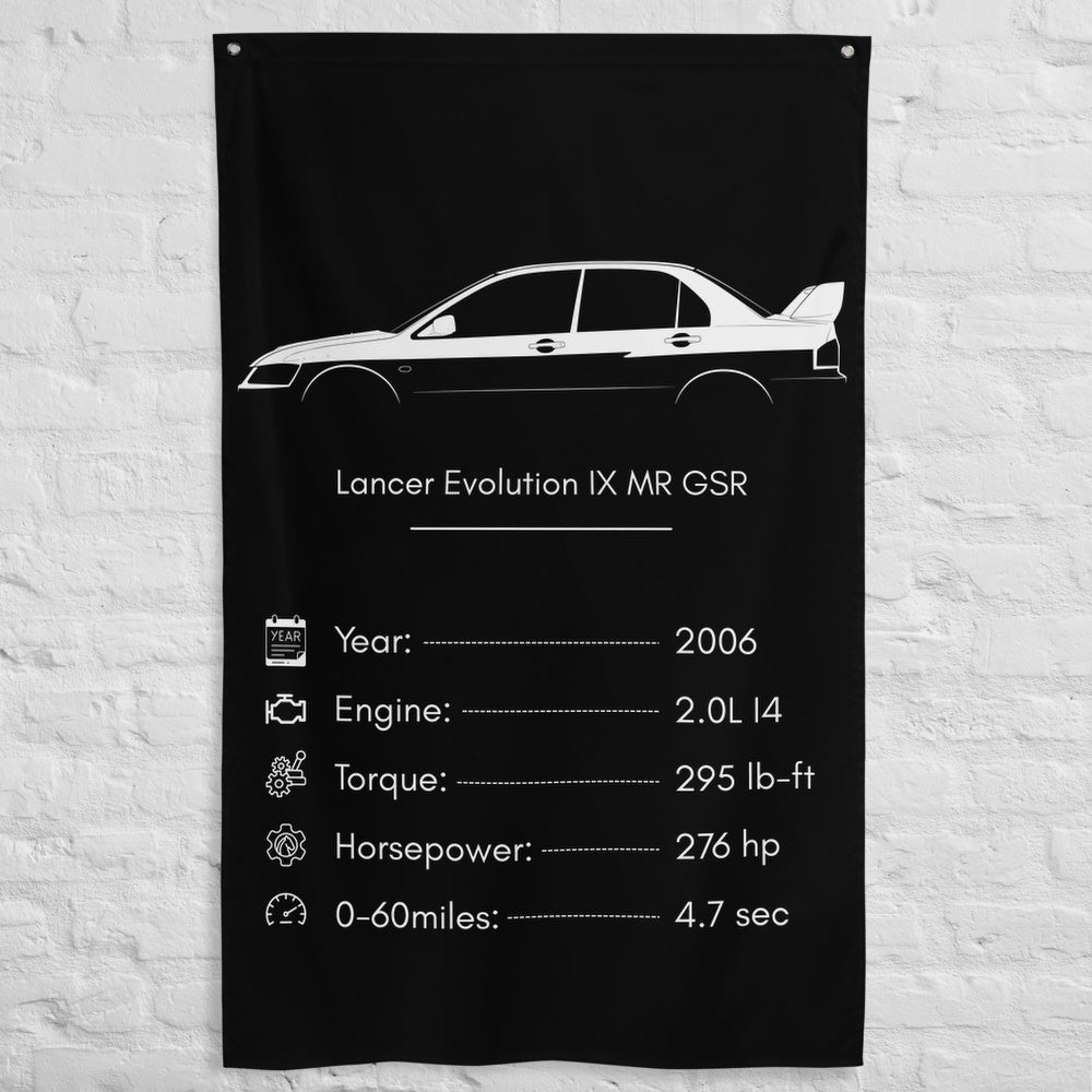 Mitsubishi Lancer Evolution IX MR GSR 2006 car silhouette spec flag - White Brick Wall