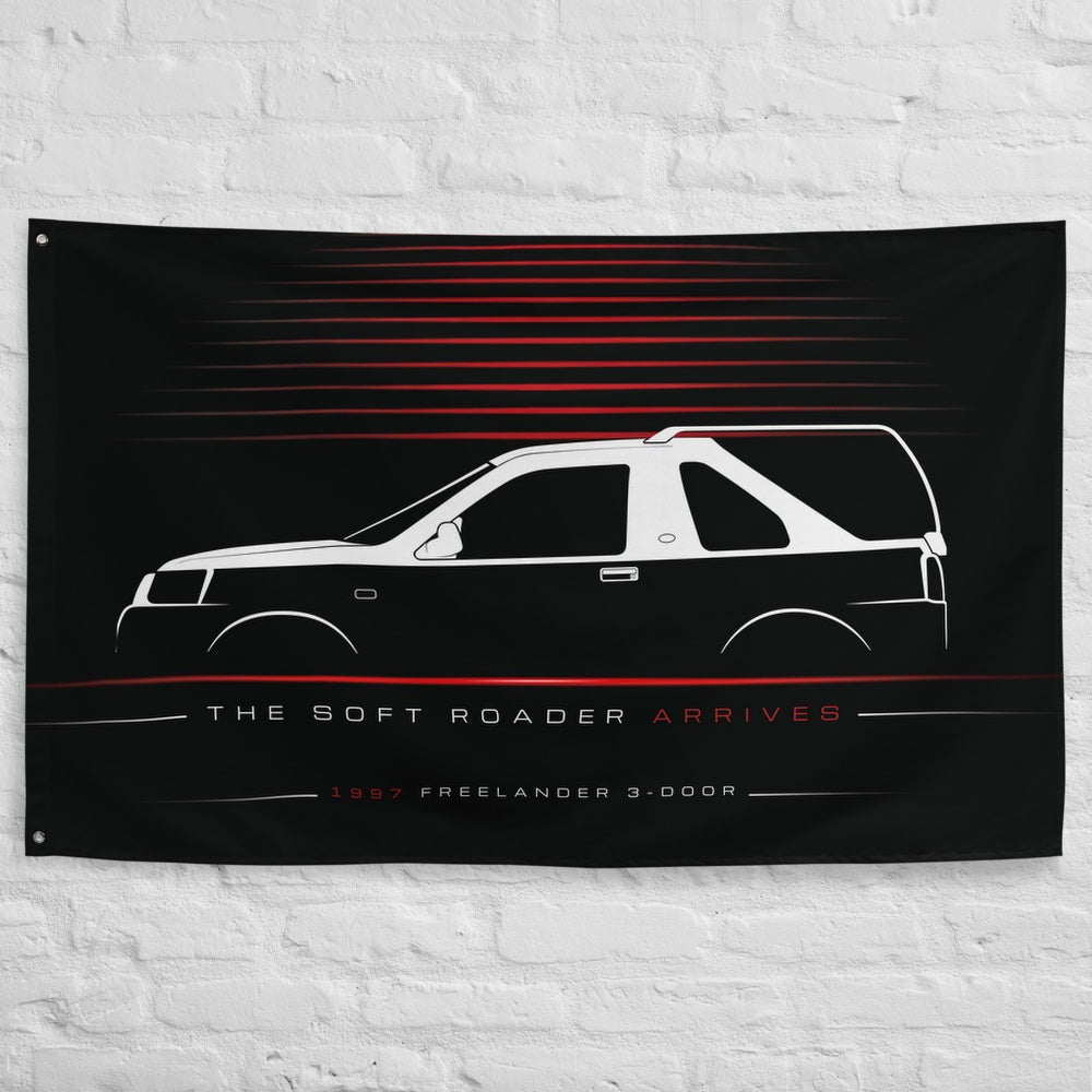 Land Rover Freelander 3-Door 1997 car silhouette flag - White Brick Wall