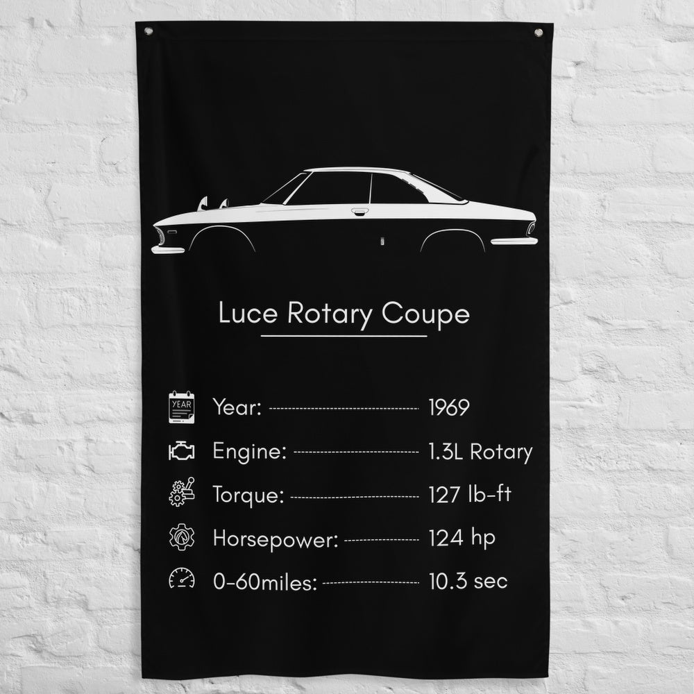 Mazda Luce Rotary Coupe 1969 car silhouette spec flag - White Brick Wall