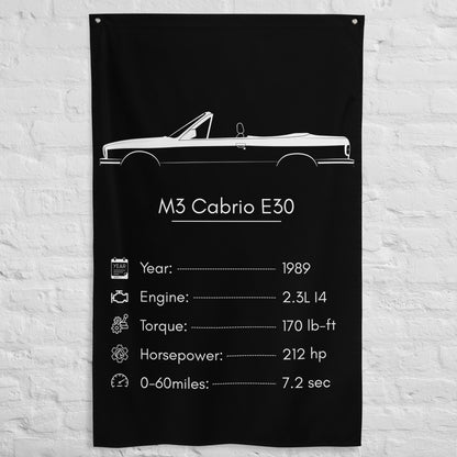 BMW M3 Cabrio E30 1989 car silhouette spec flag - White Brick Wall