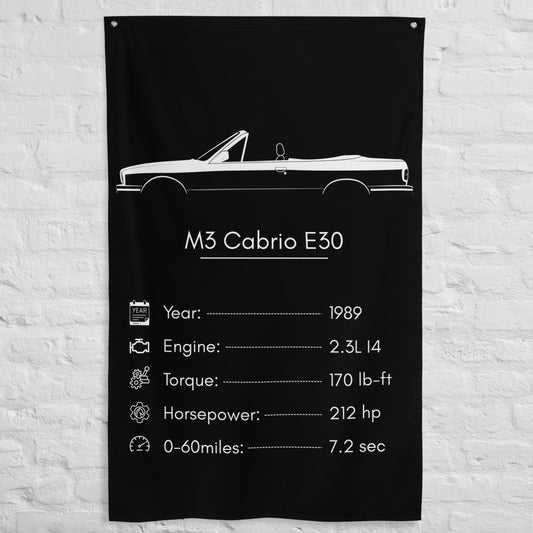 BMW M3 Cabrio E30 1989 car silhouette spec flag - White Brick Wall