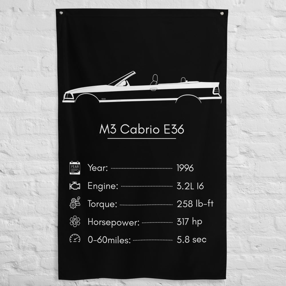 BMW M3 Cabrio E36 1996 car silhouette spec flag - White Brick Wall