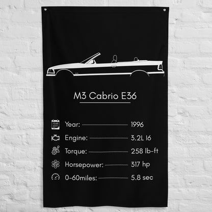 BMW M3 Cabrio E36 1996 car silhouette spec flag - White Brick Wall
