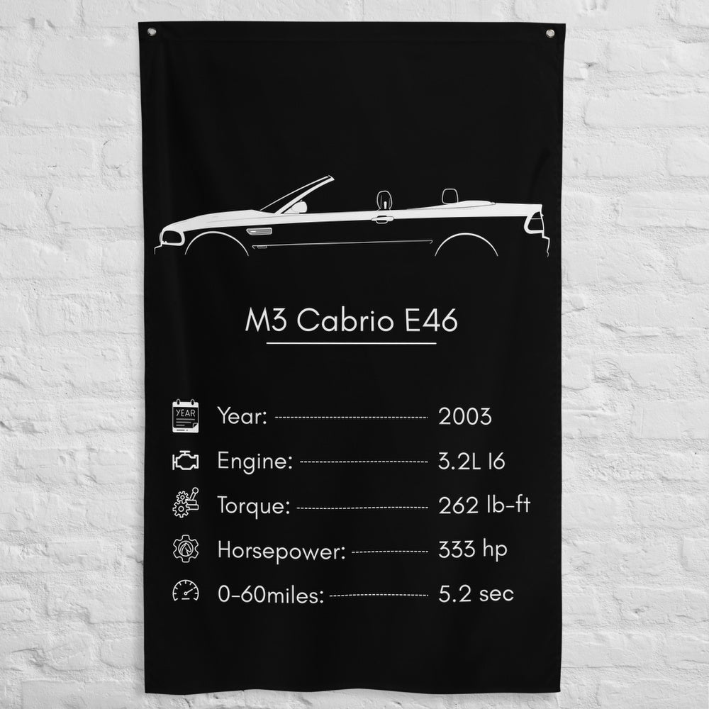 BMW M3 Cabrio E46 2003 car silhouette spec flag - White Brick Wall