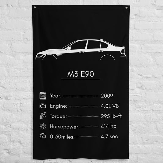BMW M3 E90 2009 car silhouette spec flag - White Brick Wall