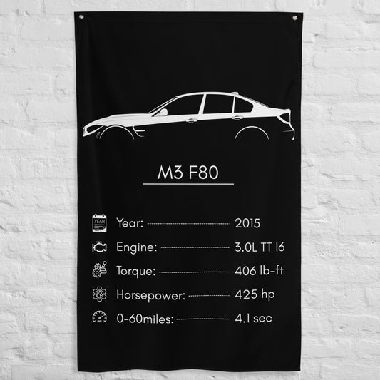 BMW M3 F80 2015 car silhouette spec flag - White Brick Wall