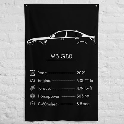 BMW M3 G80 2021 car silhouette spec flag - White Brick Wall