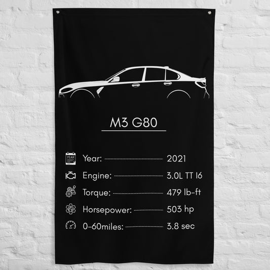 BMW M3 G80 2021 car silhouette spec flag - White Brick Wall