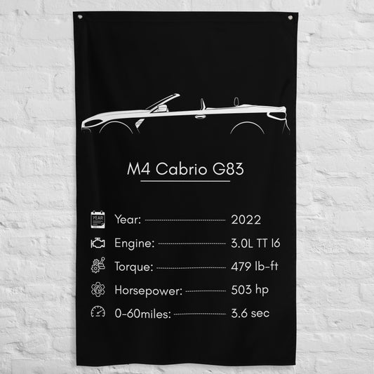 BMW M4 Cabrio G83 2022 car silhouette spec flag - White Brick Wall