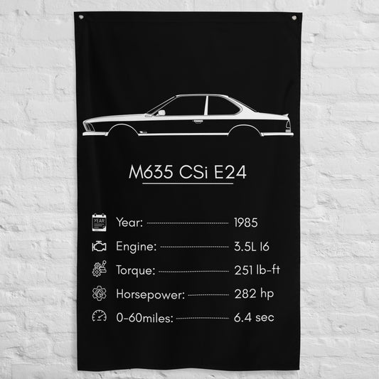 BMW M635 CSi E24 1985 car silhouette spec flag - White Brick Wall
