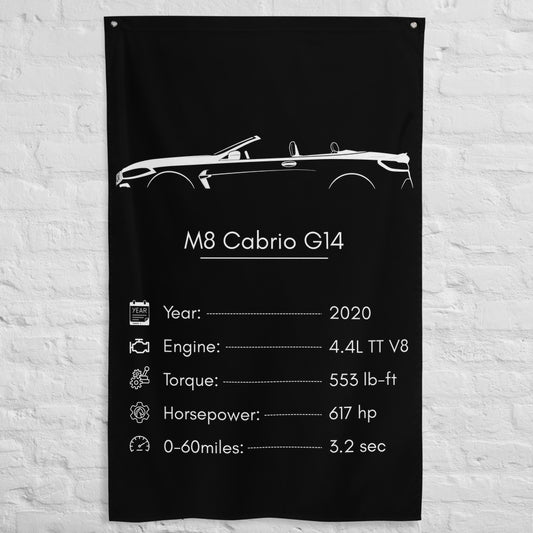 BMW M8 Cabrio G14 2020 car silhouette spec flag - White Brick Wall