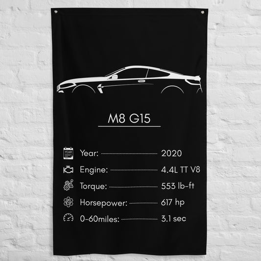 BMW M8 G15 2020 car silhouette spec flag - White Brick Wall