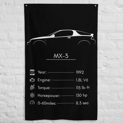 Mazda MX-3 1992 car silhouette spec flag - White Brick Wall