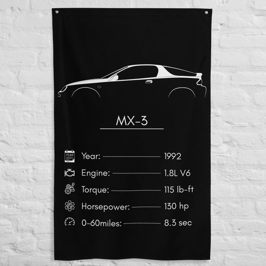 Mazda MX-3 1992 car silhouette spec flag - White Brick Wall