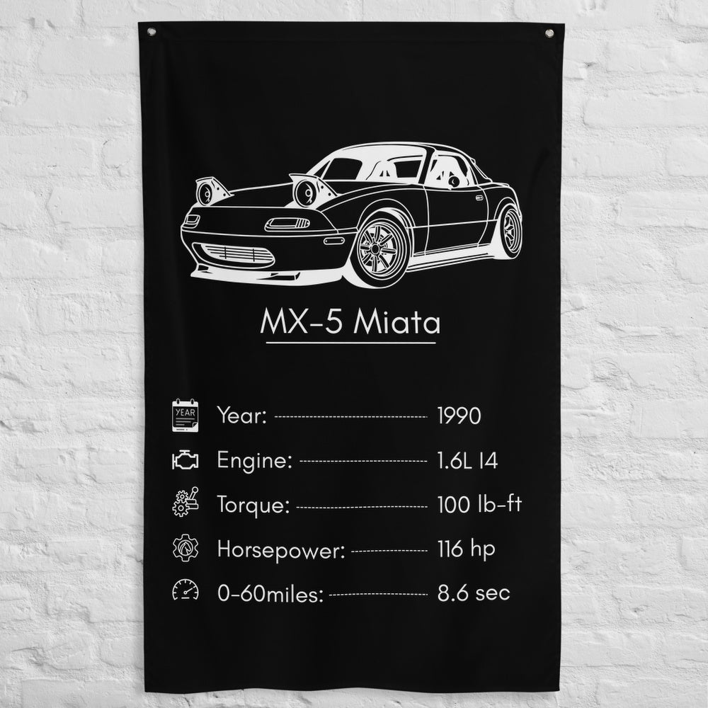 Mazda MX-5 Miata 1990 car silhouette spec flag - White Brick Wall