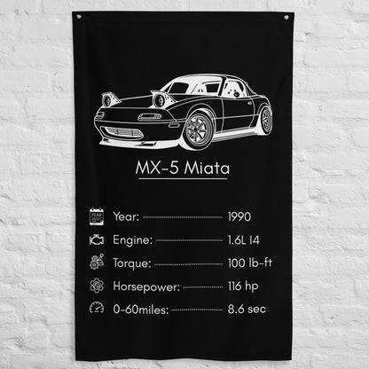 Mazda MX-5 Miata 1990 car silhouette spec flag - White Brick Wall