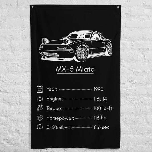 Mazda MX-5 Miata 1990 car silhouette spec flag - White Brick Wall