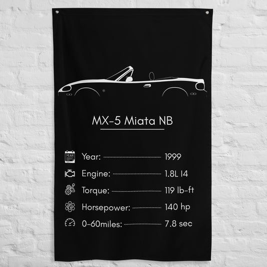 Mazda MX-5 Miata NB 1999 car silhouette spec flag - White Brick Wall