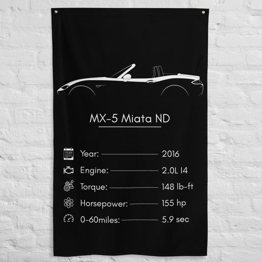 Mazda MX-5 Miata ND 2016 car silhouette spec flag - White Brick Wall