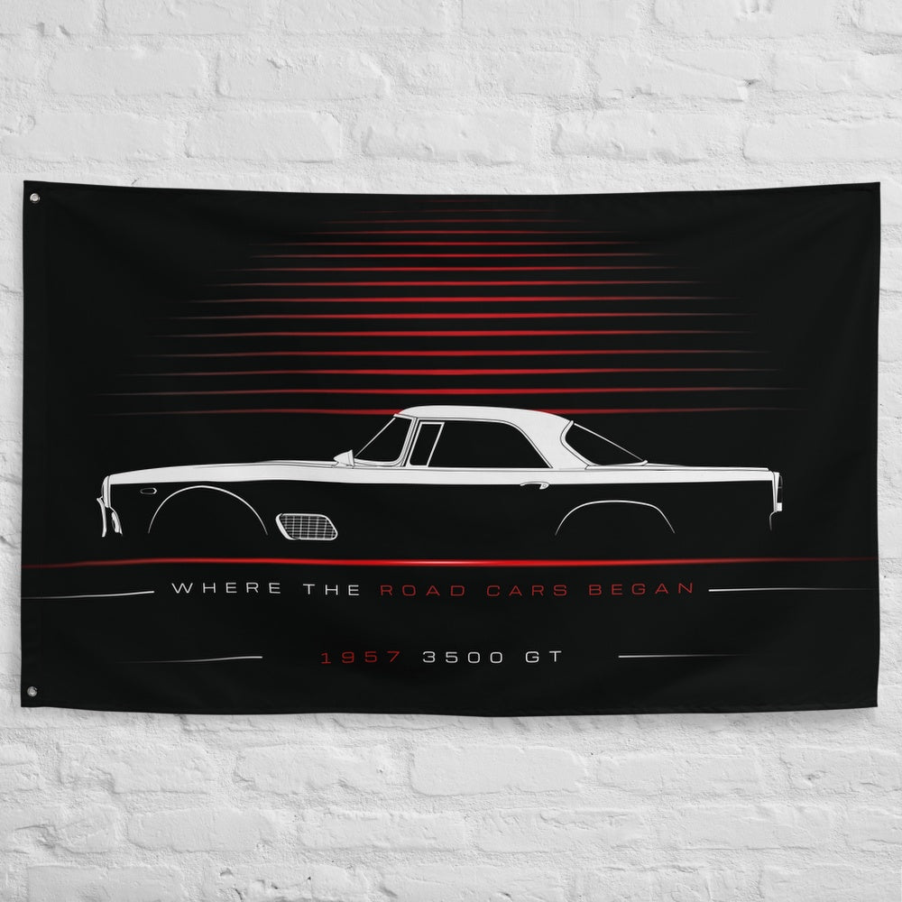 Maserati 3500 GT 1957 car silhouette flag - White Brick Wall