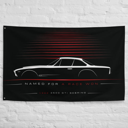 Maserati 3500 GTi Sebring 1962 car silhouette flag - White Brick Wall
