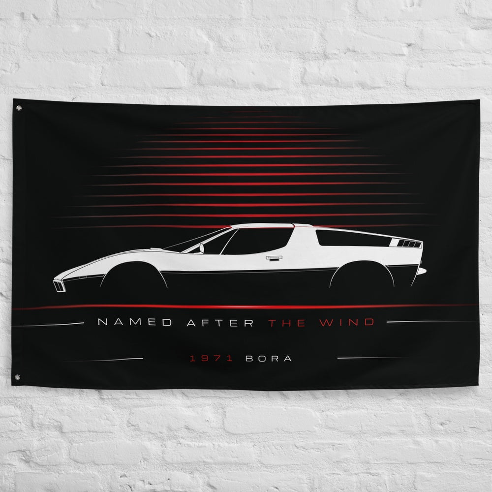 Maserati Bora 1971 car silhouette flag - White Brick Wall